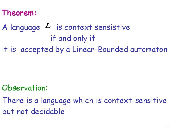 Theorem: A language is context sensistive if and only if it is accepted by