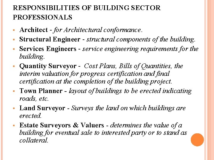 RESPONSIBILITIES OF BUILDING SECTOR PROFESSIONALS § § § § Architect - for Architectural conformance.