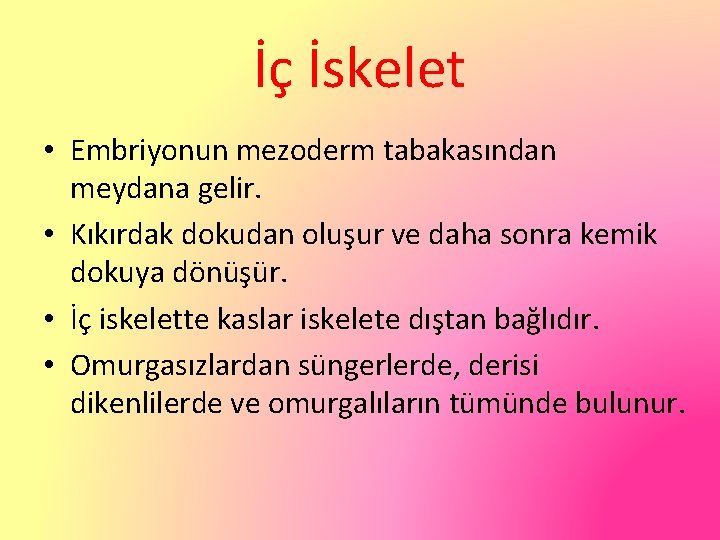 İç İskelet • Embriyonun mezoderm tabakasından meydana gelir. • Kıkırdak dokudan oluşur ve daha