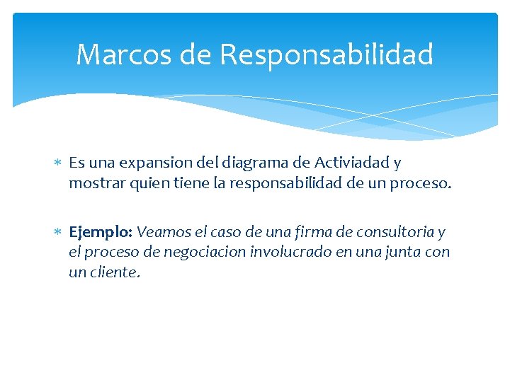 Marcos de Responsabilidad Es una expansion del diagrama de Activiadad y mostrar quien tiene