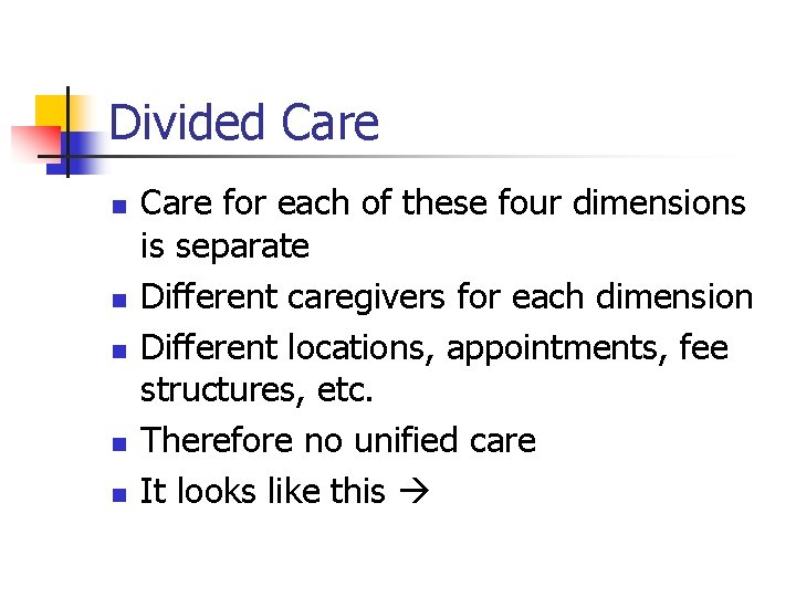 Divided Care n n n Care for each of these four dimensions is separate Divided Care n n n Care for each of these four dimensions is separate