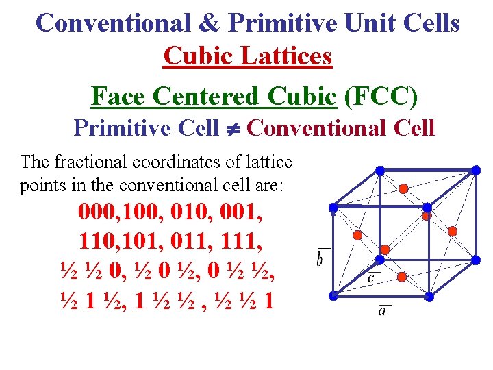 Conventional & Primitive Unit Cells Cubic Lattices Face Centered Cubic (FCC) Primitive Cell Conventional