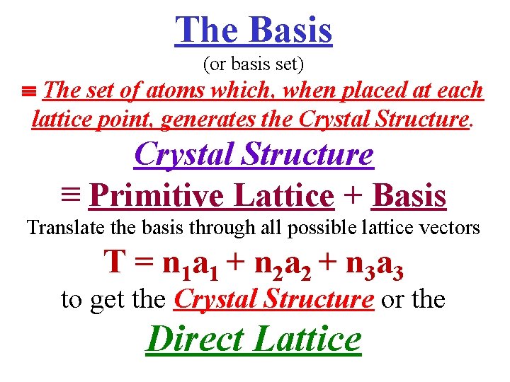 The Basis (or basis set) The set of atoms which, when placed at each