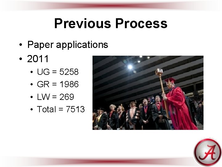 Previous Process • Paper applications • 2011 • • UG = 5258 GR =