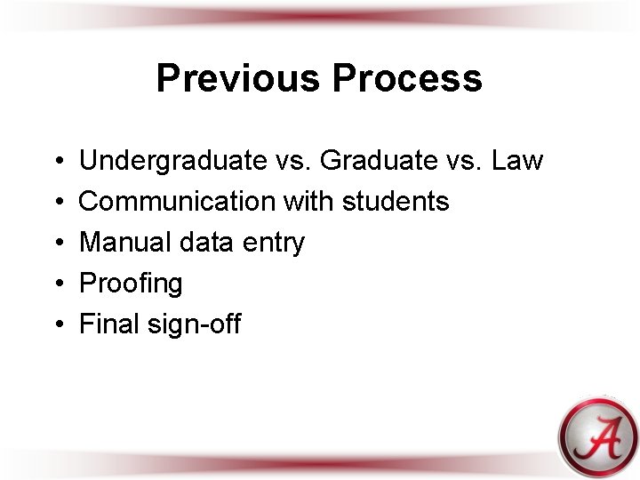 Previous Process • • • Undergraduate vs. Graduate vs. Law Communication with students Manual