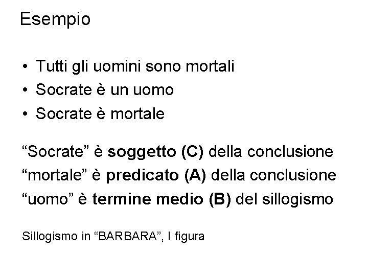 Esempio • Tutti gli uomini sono mortali • Socrate è un uomo • Socrate