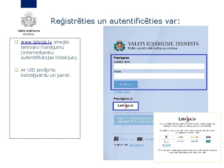 Reģistrēties un autentificēties var: q www. latvija. lv sniegto tehnisko risinājumu (internetbanku autentifikācijas līdzekļus);