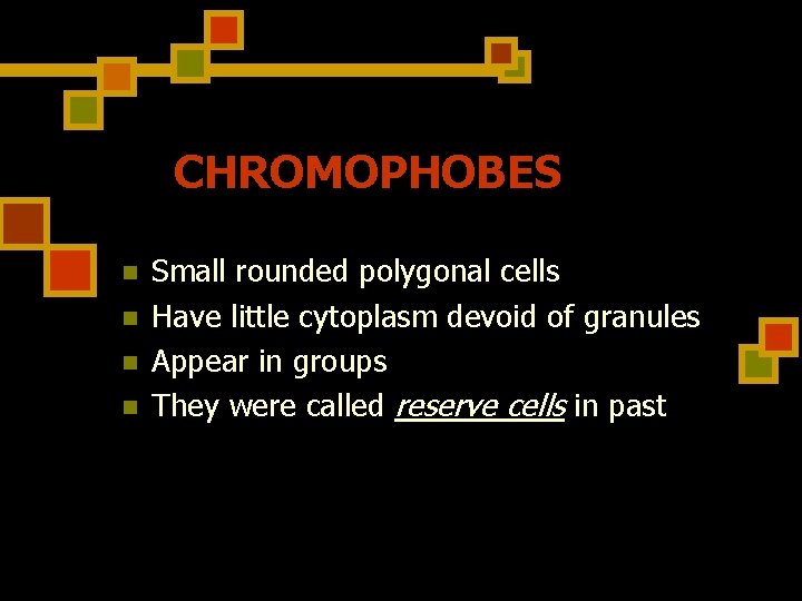 CHROMOPHOBES n n Small rounded polygonal cells Have little cytoplasm devoid of granules Appear