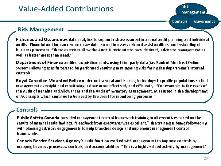 Value-Added Contributions Risk Management Controls Governance Risk Management Fisheries and Oceans uses data analytics