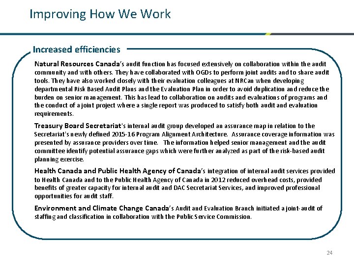 Improving How We Work Increased efficiencies Natural Resources Canada’s audit function has focused extensively