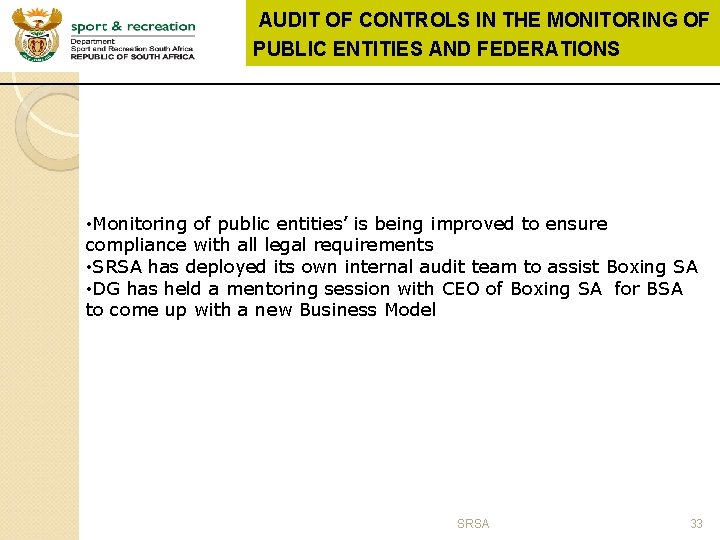 AUDIT OF CONTROLS IN THE MONITORING OF PUBLIC ENTITIES AND FEDERATIONS • Monitoring of