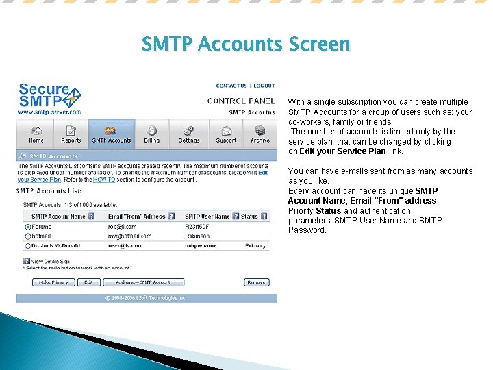 SMTP Accounts Screen With a single subscription you can create multiple SMTP Accounts for