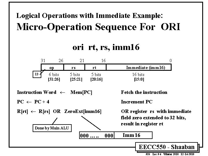 Logical Operations with Immediate Example: Micro-Operation Sequence For ORI ori rt, rs, imm 16