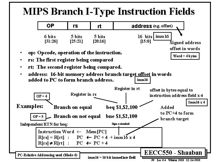 MIPS Branch I-Type Instruction Fields OP rs rt address (e. g. offset) 6 bits