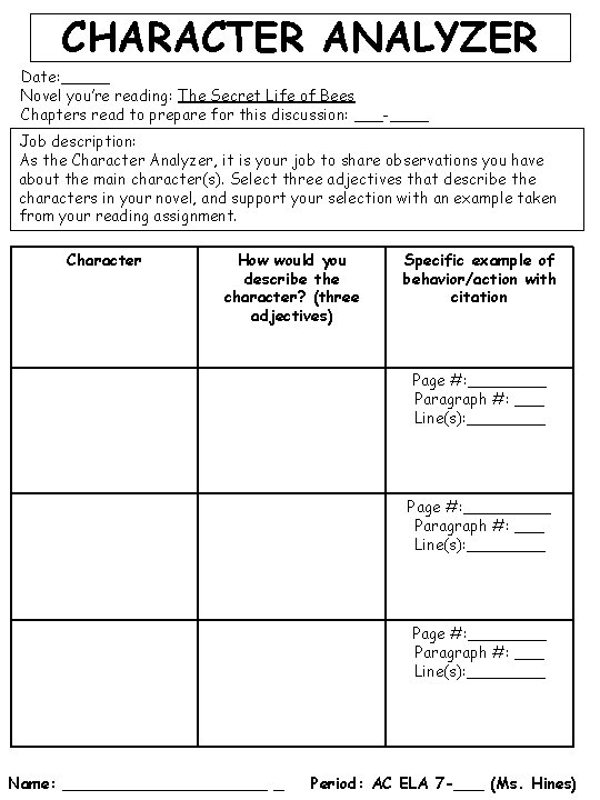 CHARACTER ANALYZER Date: _____ Novel you’re reading: The Secret Life of Bees Chapters read