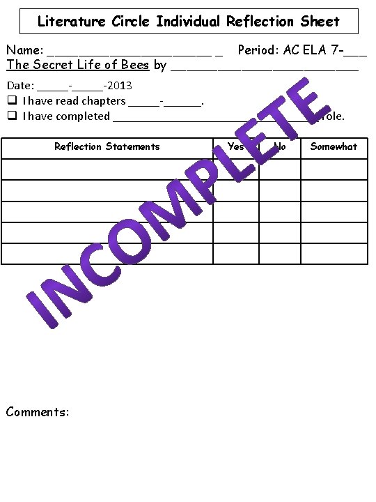 Literature Circle Individual Reflection Sheet Name: ___________ _ Period: AC ELA 7 -___ The