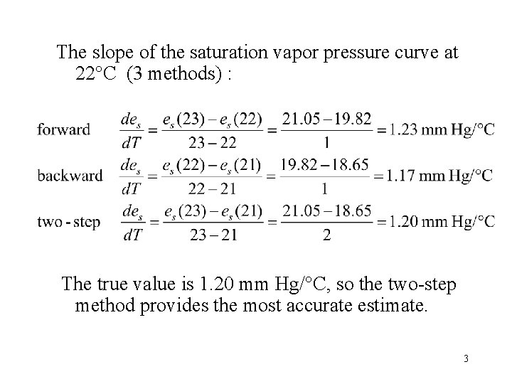 The slope of the saturation vapor pressure curve at 22°C (3 methods) : The