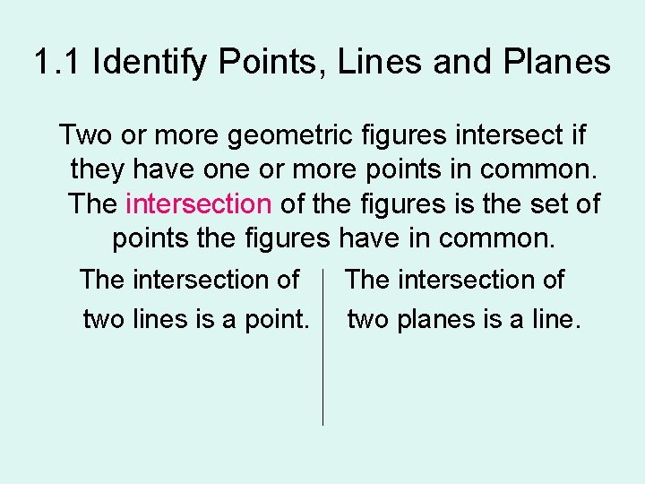 1. 1 Identify Points, Lines and Planes Two or more geometric figures intersect if