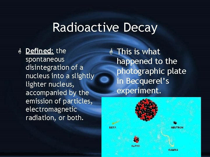 Radioactive Decay G Defined: the spontaneous disintegration of a nucleus into a slightly lighter