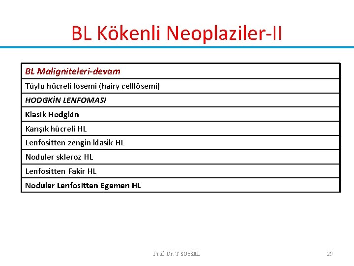 BL Kökenli Neoplaziler-II BL Maligniteleri-devam Tüylü hücreli lösemi (hairy celllösemi) HODGKİN LENFOMASI Klasik Hodgkin BL Kökenli Neoplaziler-II BL Maligniteleri-devam Tüylü hücreli lösemi (hairy celllösemi) HODGKİN LENFOMASI Klasik Hodgkin