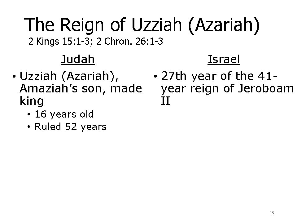 The Reign of Uzziah (Azariah) 2 Kings 15: 1 -3; 2 Chron. 26: 1