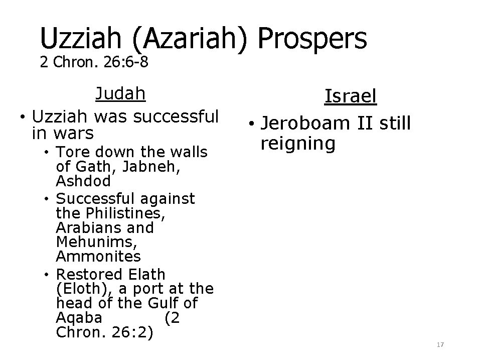 Uzziah (Azariah) Prospers 2 Chron. 26: 6 -8 Judah • Uzziah was successful in