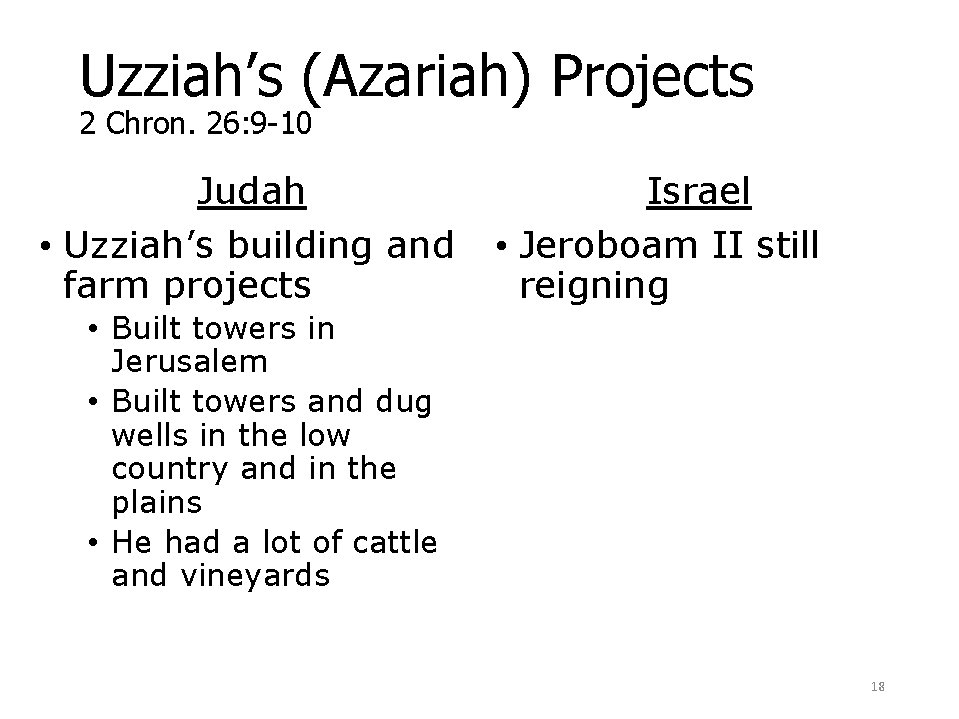 Uzziah’s (Azariah) Projects 2 Chron. 26: 9 -10 Judah Israel • Uzziah’s building and