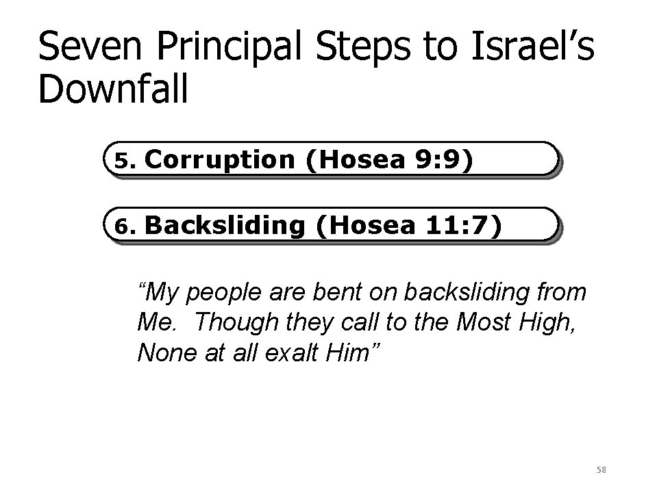 Seven Principal Steps to Israel’s Downfall 5. Corruption (Hosea 9: 9) 6. Backsliding (Hosea