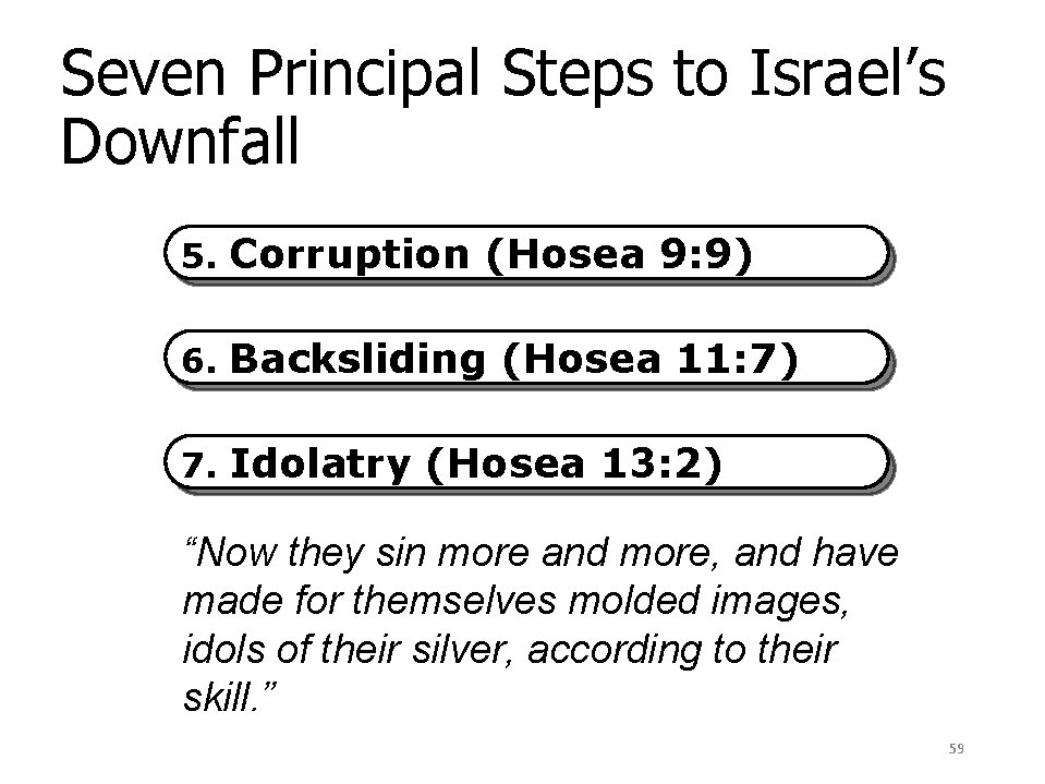 Seven Principal Steps to Israel’s Downfall 5. Corruption (Hosea 9: 9) 6. Backsliding (Hosea