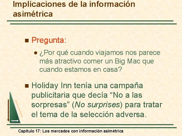 Implicaciones de la información asimétrica n Pregunta: l n ¿Por qué cuando viajamos nos