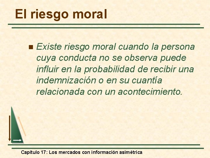 El riesgo moral n Existe riesgo moral cuando la persona cuya conducta no se