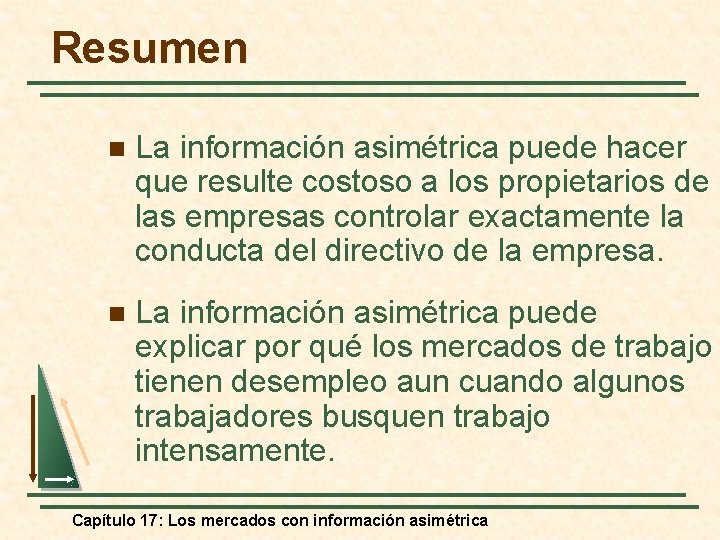 Resumen n La información asimétrica puede hacer que resulte costoso a los propietarios de