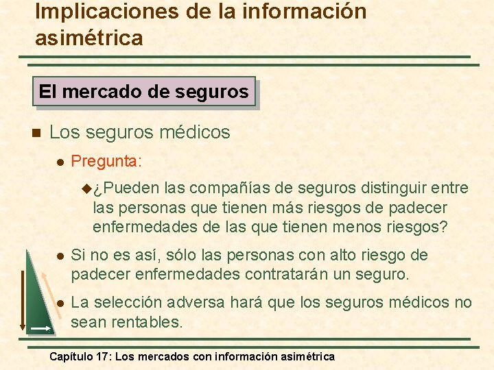 Implicaciones de la información asimétrica El mercado de seguros n Los seguros médicos l