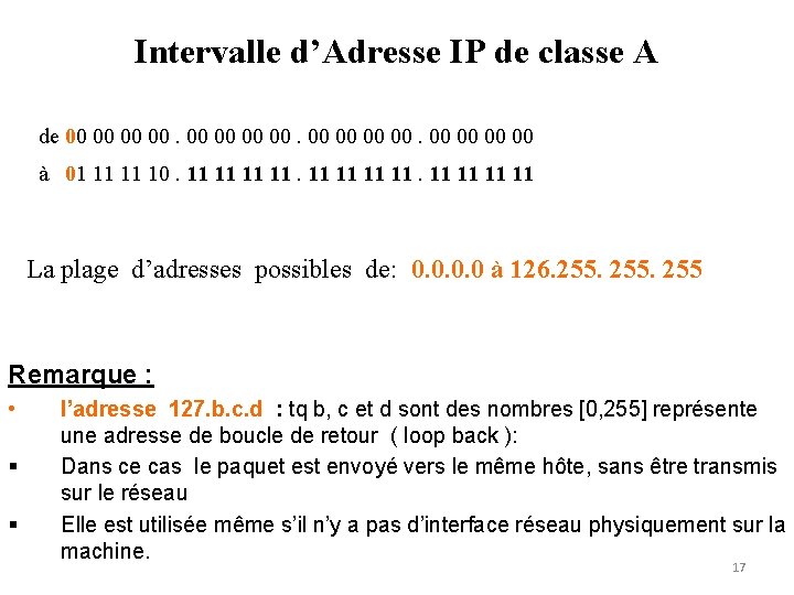 Intervalle d’Adresse IP de classe A de 00 00 à 01 11 11 10.