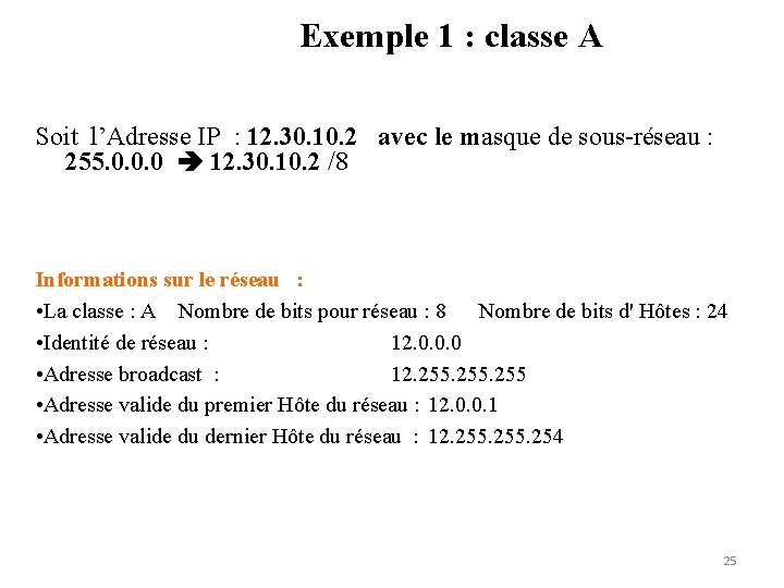 Exemple 1 : classe A Soit l’Adresse IP : 12. 30. 10. 2 avec