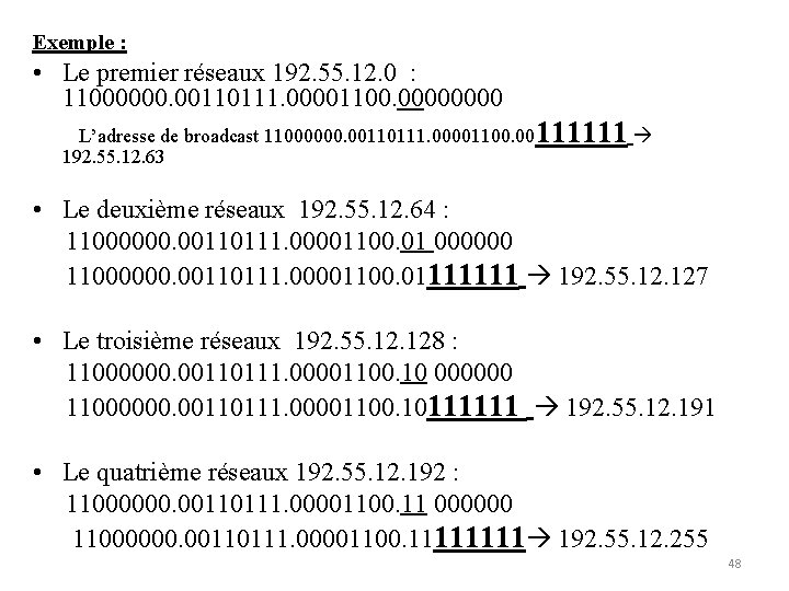 Exemple : • Le premier réseaux 192. 55. 12. 0 : 11000000. 00110111. 00001100.