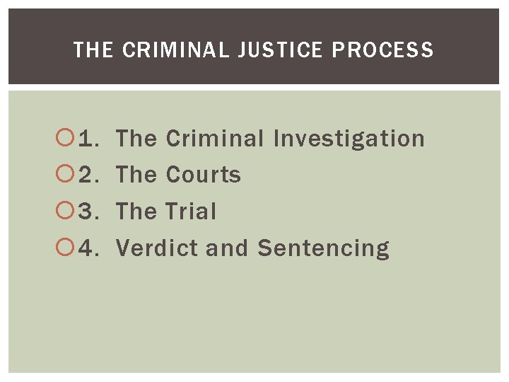 THE CRIMINAL JUSTICE PROCESS 1. 2. 3. 4. The Criminal Investigation The Courts The