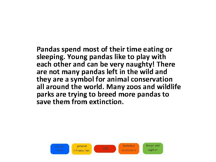 Pandas spend most of their time eating or sleeping. Young pandas like to play