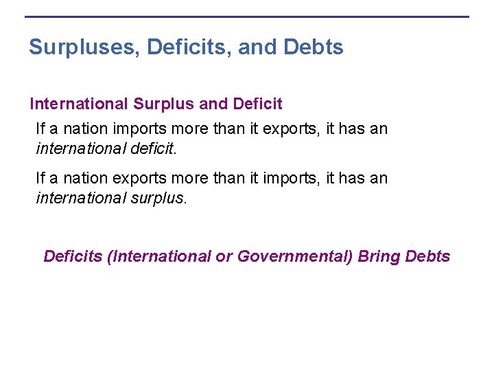Surpluses, Deficits, and Debts International Surplus and Deficit If a nation imports more than