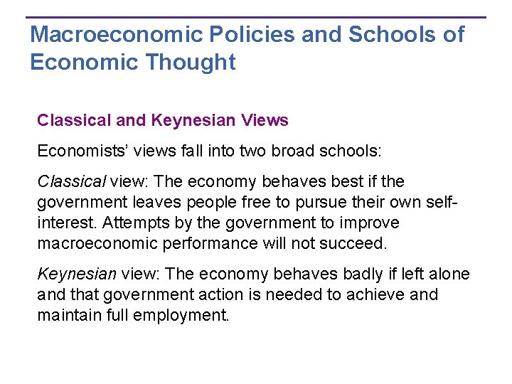 Macroeconomic Policies and Schools of Economic Thought Classical and Keynesian Views Economists’ views fall