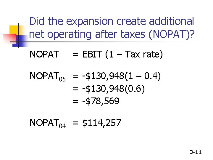 Did the expansion create additional net operating after taxes (NOPAT)? NOPAT = EBIT (1