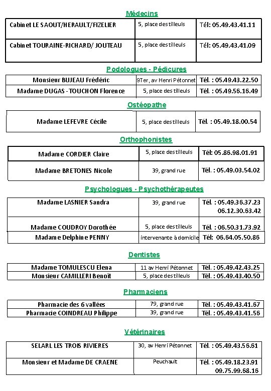 Médecins Cabinet LE SAOUT/HERAULT/FIZELIER 5, place des tilleuls Tél: 05. 49. 43. 41. 11