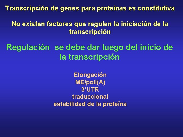 Transcripción de genes para proteínas es constitutiva No existen factores que regulen la iniciación