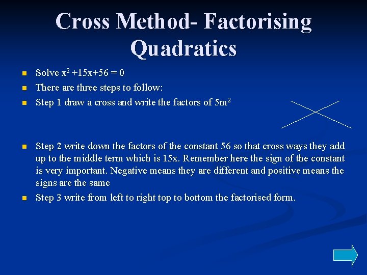 Cross Method- Factorising Quadratics n n n Solve x 2 +15 x+56 = 0