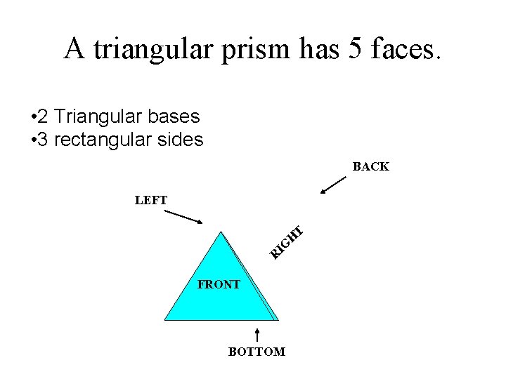 A triangular prism has 5 faces. • 2 Triangular bases • 3 rectangular sides