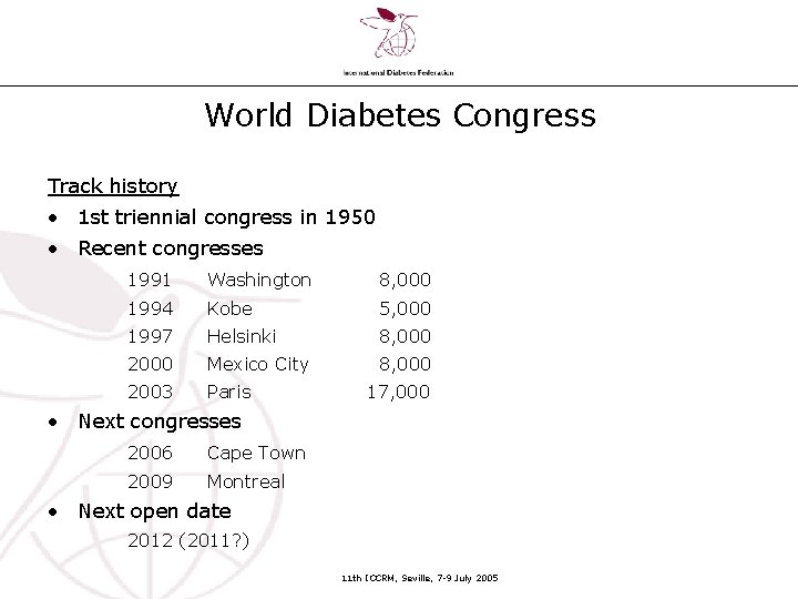 World Diabetes Congress Track history • 1 st triennial congress in 1950 • Recent