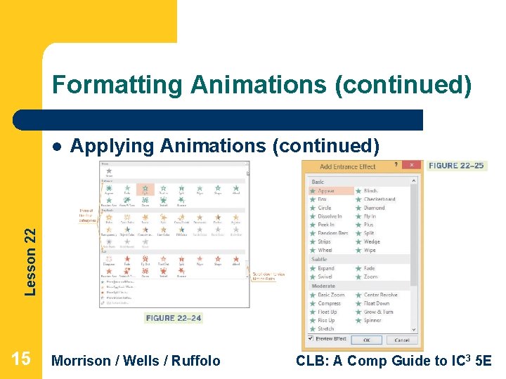 Formatting Animations (continued) Applying Animations (continued) Lesson 22 l 15 Morrison / Wells /