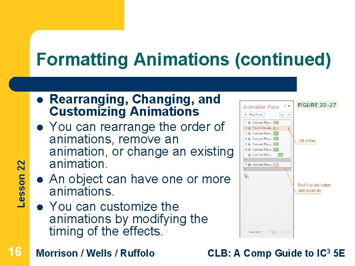 Formatting Animations (continued) l Lesson 22 l 16 l l Rearranging, Changing, and Customizing