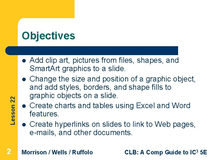 Objectives l Lesson 22 l l Add clip art, pictures from files, shapes, and