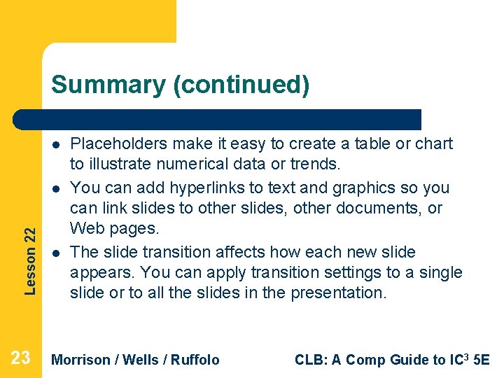 Summary (continued) l Lesson 22 l 23 l Placeholders make it easy to create